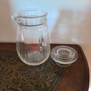 Vintage 7 1/4-Inch-Tall Ribbed Clear Glass Pitcher Hidden Handle W/ Lid Spout